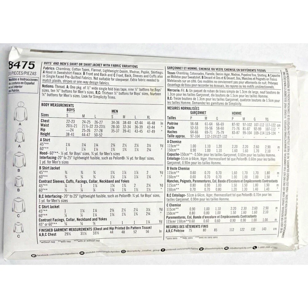 Simplicity Pattern 8475 Boys Mens Shirt Shacket Jacket Hooded Button S-XL preown